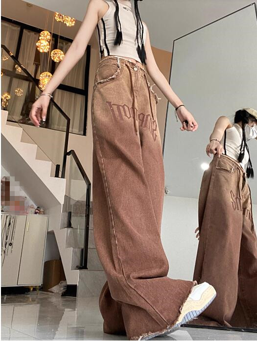 ユニセックス デニム バギーパンツ ワイド ズボン ブラウン