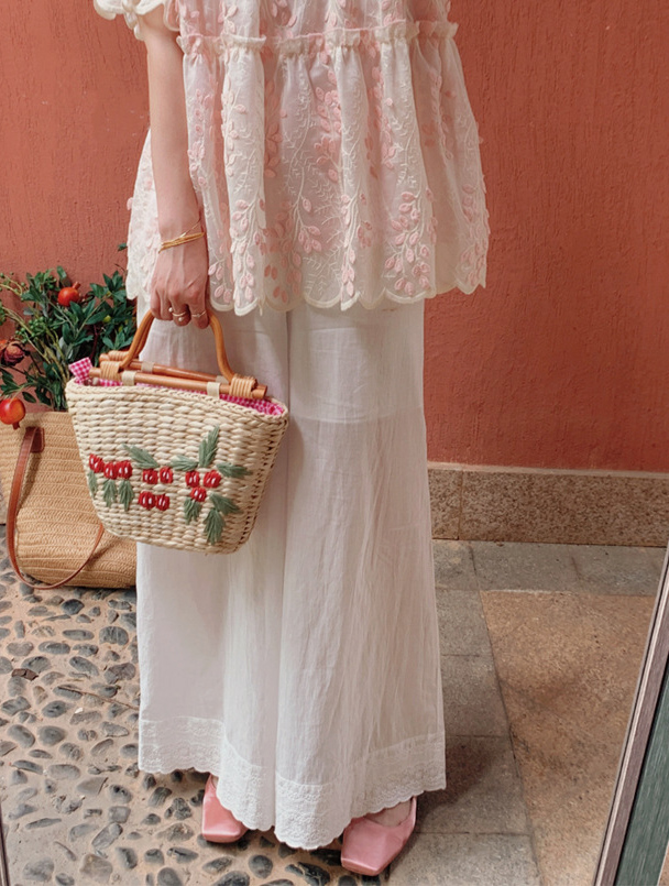  バギーパンツ 綿混レース裾ワイドパンツ ゴムウエスト ロング丈 重ね着対応