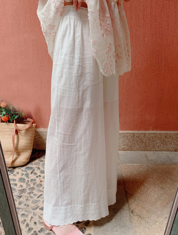  バギーパンツ 綿混レース裾ワイドパンツ ゴムウエスト ロング丈 重ね着対応