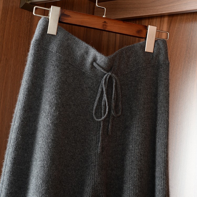  バギーパンツ リブ編みワイドシルエット紐付きニットパンツ