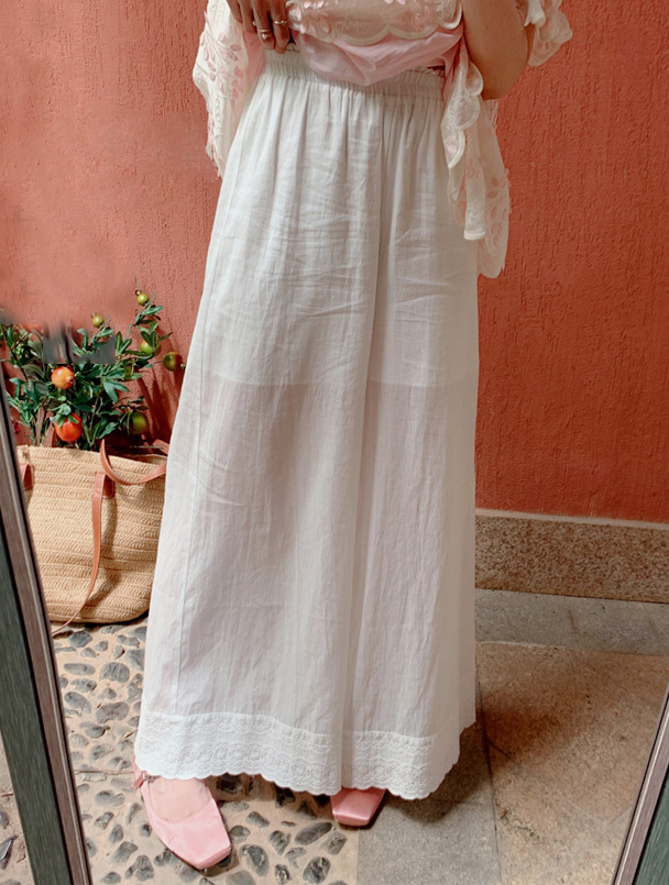  バギーパンツ 綿混レース裾ワイドパンツ ゴムウエスト ロング丈 重ね着対応