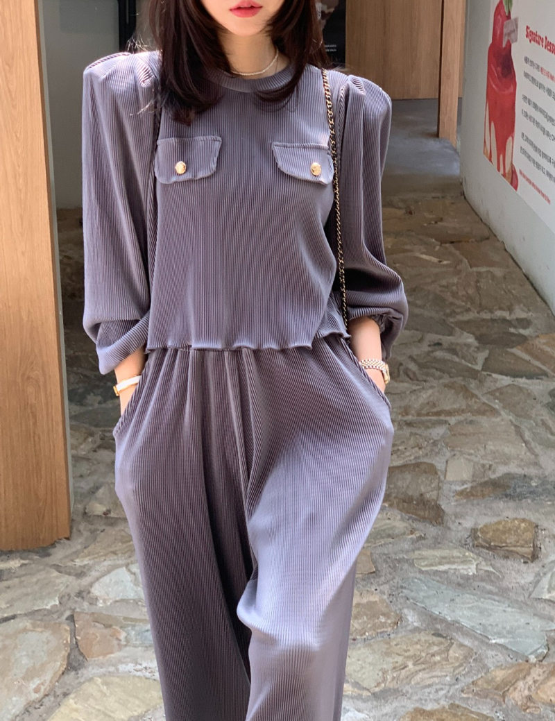  バギーパンツ 今季必須 コーデュロイ フリル丸首上着とゆったりパンツセット