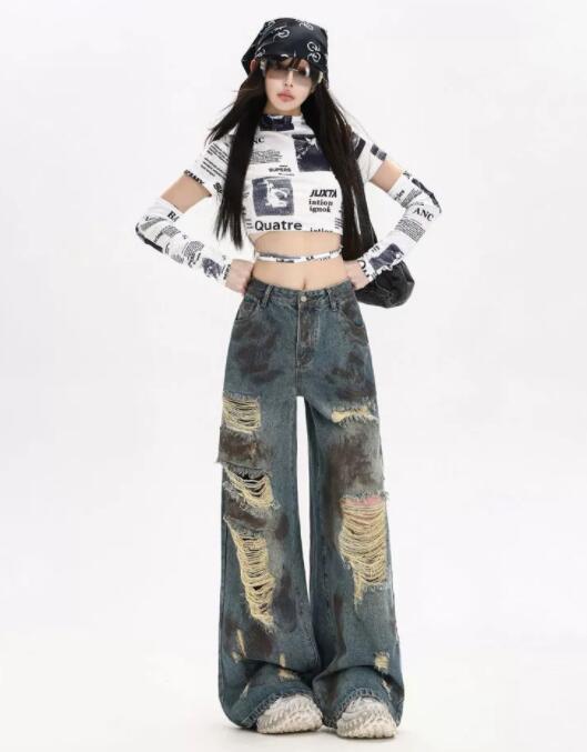  バギーパンツ レディース ダメージ加工 デニム ワイドパンツ