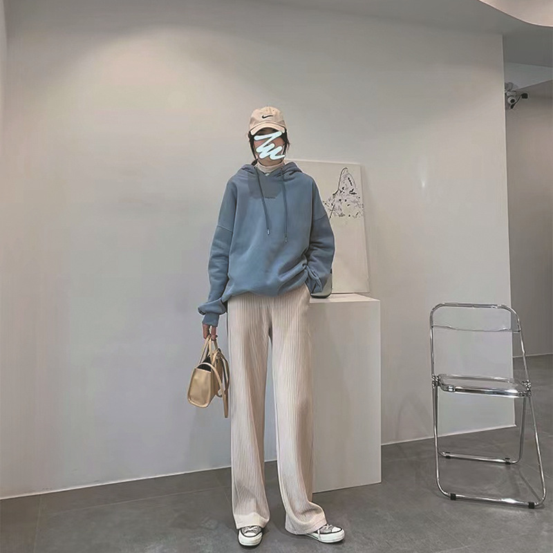  バギーパンツ コーデュロイ縦リブワイドパンツ女性用ゆったりウエストゴム