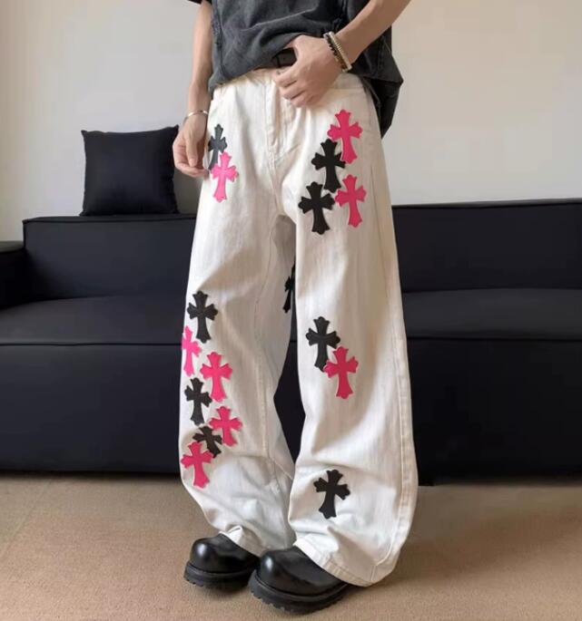  バギーパンツ 十字架柄デニムワイドパンツ 男性用ゆったりジーンズ