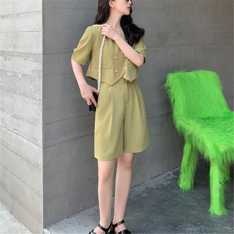  バギーパンツ ワイド半袖ダブルボタンジャケット短パン二点セット