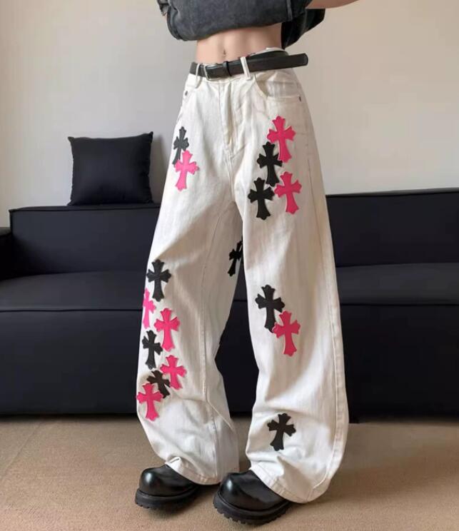  バギーパンツ 十字架柄デニムワイドパンツ 男性用ゆったりジーンズ