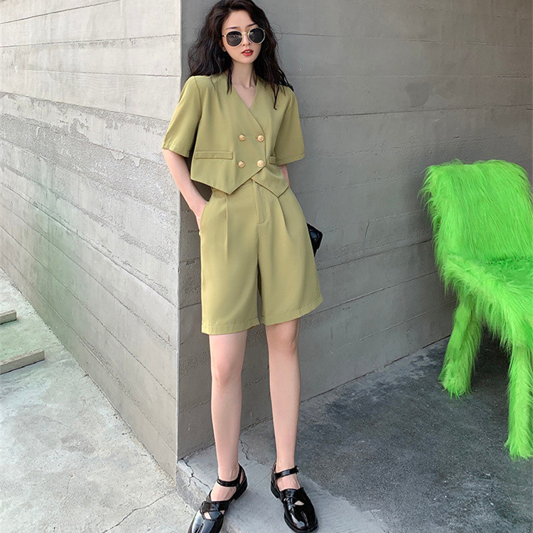  バギーパンツ ワイド半袖ダブルボタンジャケット短パン二点セット