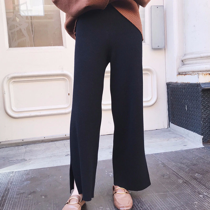  バギーパンツ 冬用レディースワイドニットパンツ ゆったり厚手ウエストゴム