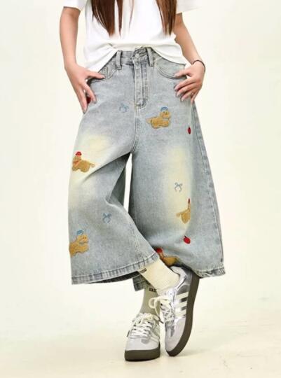  バギーパンツ 可愛い刺繍デニム七分丈ワイドパンツ レディース