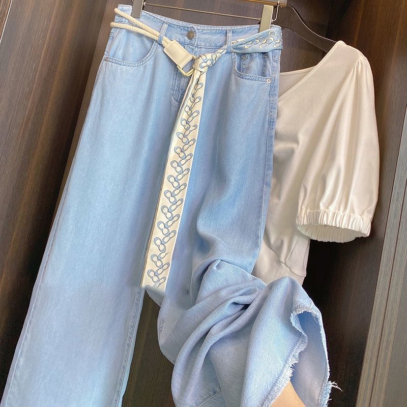  バギーパンツ 新作レディースデニム ハイウエスト スカーフベルト付きワイドパンツ