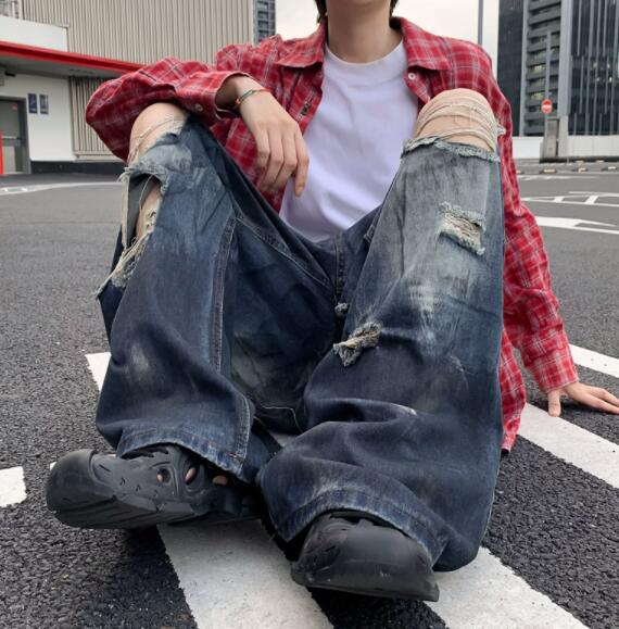 メンズ デニム バギーパンツ ダメージ加工 ワイド