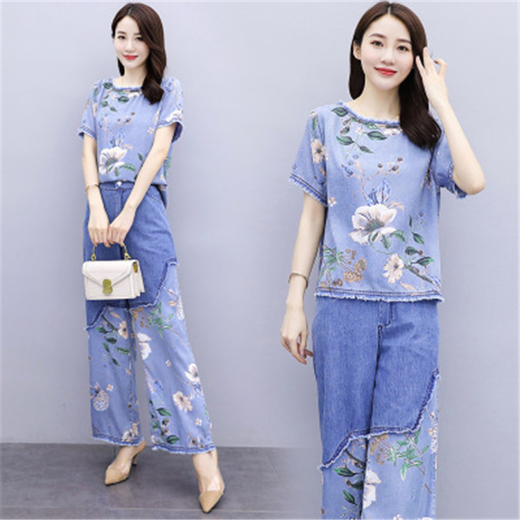  バギーパンツ 夏の花柄プリントデニム上下セット ゆったりバギーパンツ