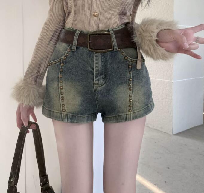  バギーパンツ ハイウェストデニムショートパンツ スタッズ装飾
