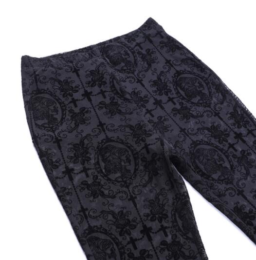  バギーパンツ 黒レース透け感ワイドフレアパンツ