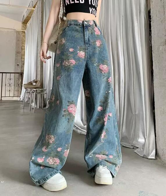  バギーパンツ 花柄プリントデニムワイドバギーパンツ