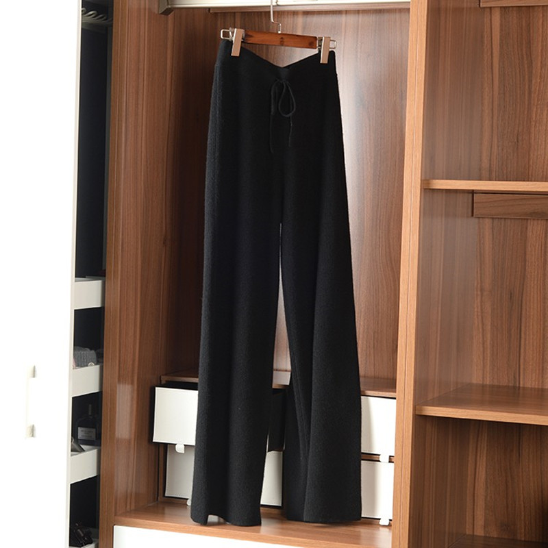  バギーパンツ リブ編みワイドシルエット紐付きニットパンツ