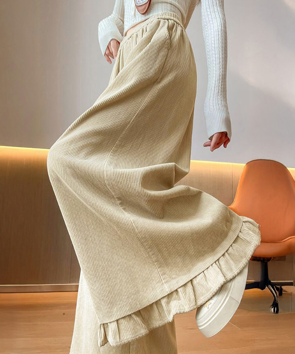  バギーパンツ フリル裾コーデュロイワイドパンツ