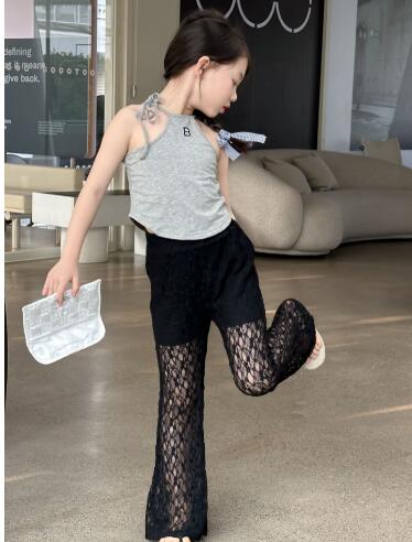  バギーパンツ キッズレースワイドパンツ 女の子用透かし編みズボン