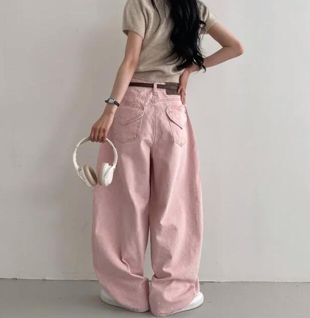  バギーパンツ ハート刺繍デニムワイドパンツ バギーシルエット