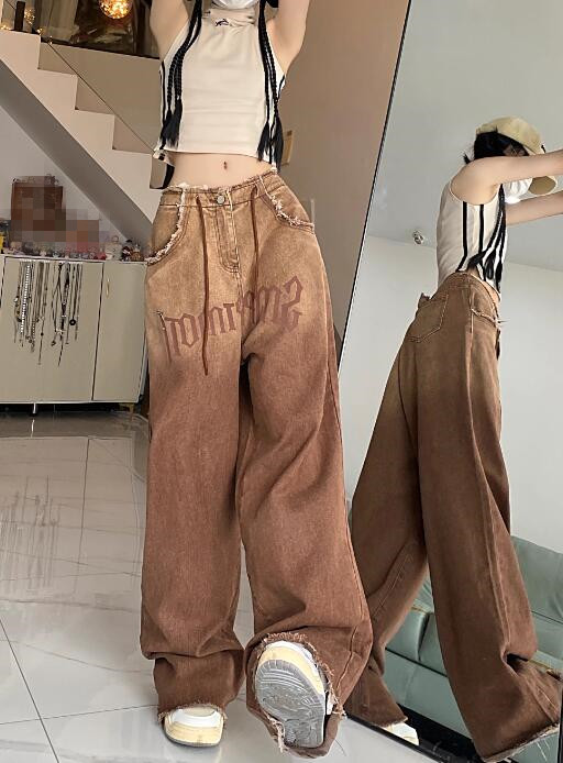 ユニセックス デニム バギーパンツ ワイド ズボン ブラウン