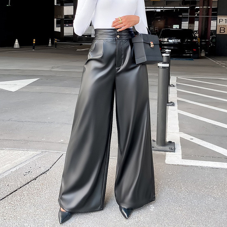  バギーパンツ ワイド合皮パンツ ハイウエスト無地レザー調秋冬