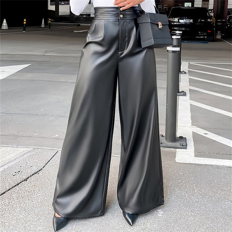 バギーパンツ ワイド合皮パンツ ハイウエスト無地レザー調秋冬