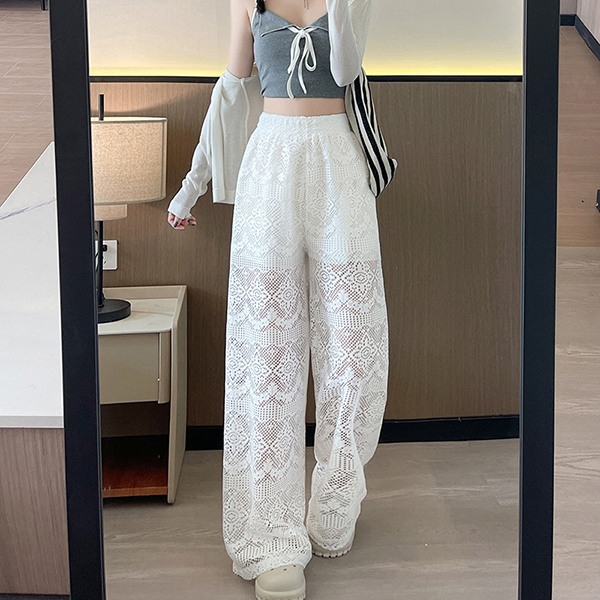  バギーパンツ 送料無料 新作 レース透け感 高ウエスト ワイドパンツ