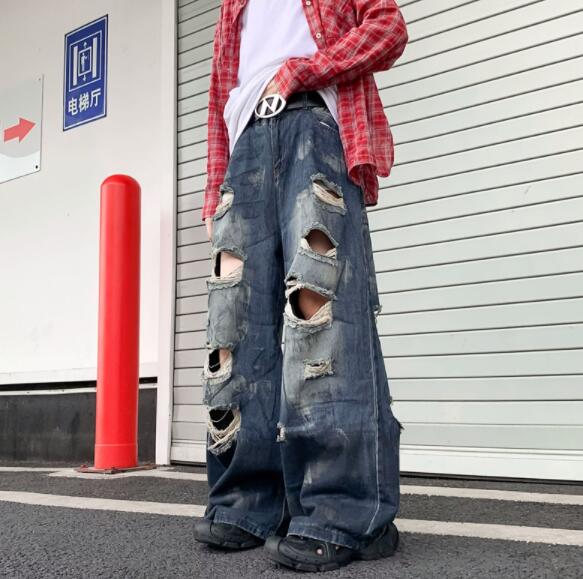 メンズ デニム バギーパンツ ダメージ加工 ワイド