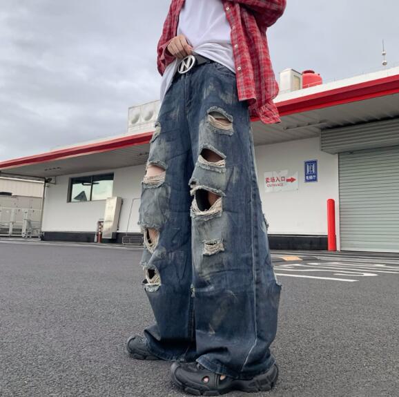 メンズ デニム バギーパンツ ダメージ加工 ワイド