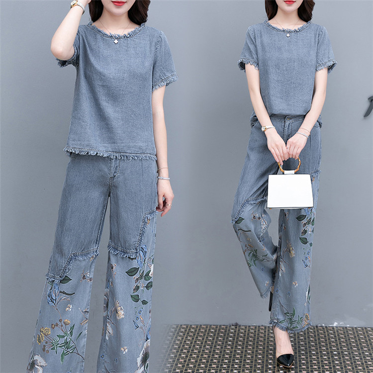  バギーパンツ 夏の花柄プリントデニム上下セット ゆったりバギーパンツ