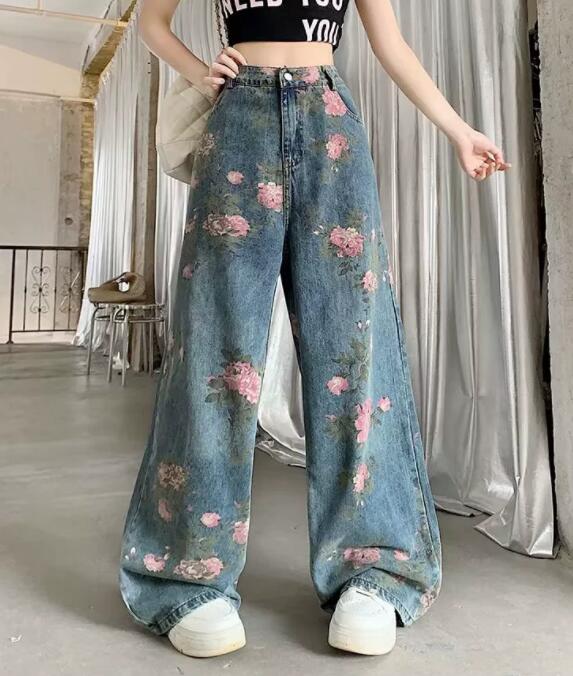  バギーパンツ 花柄プリントデニムワイドバギーパンツ