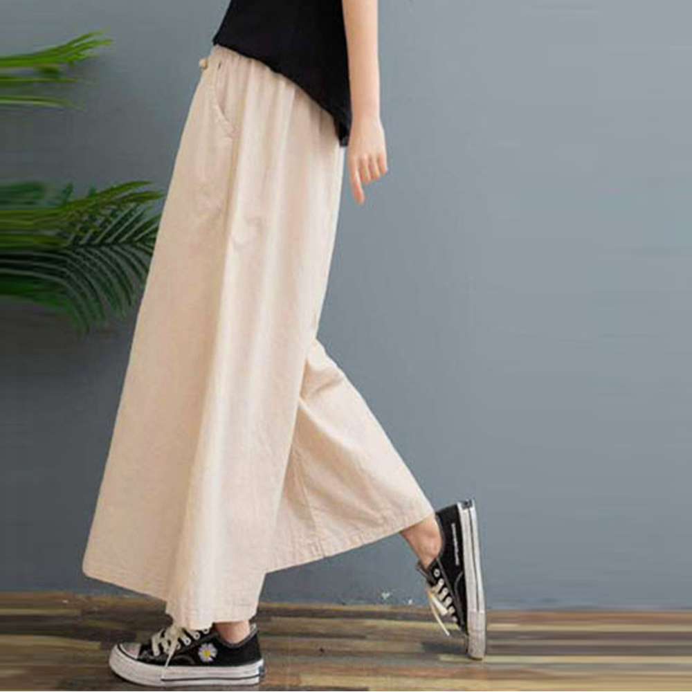  バギーパンツ 綿麻ワイドパンツ レディース ガウチョ ウエストゴム