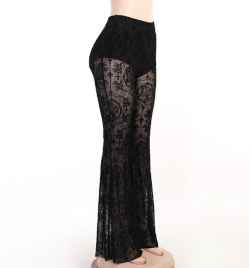  バギーパンツ 黒レース透け感ワイドフレアパンツ