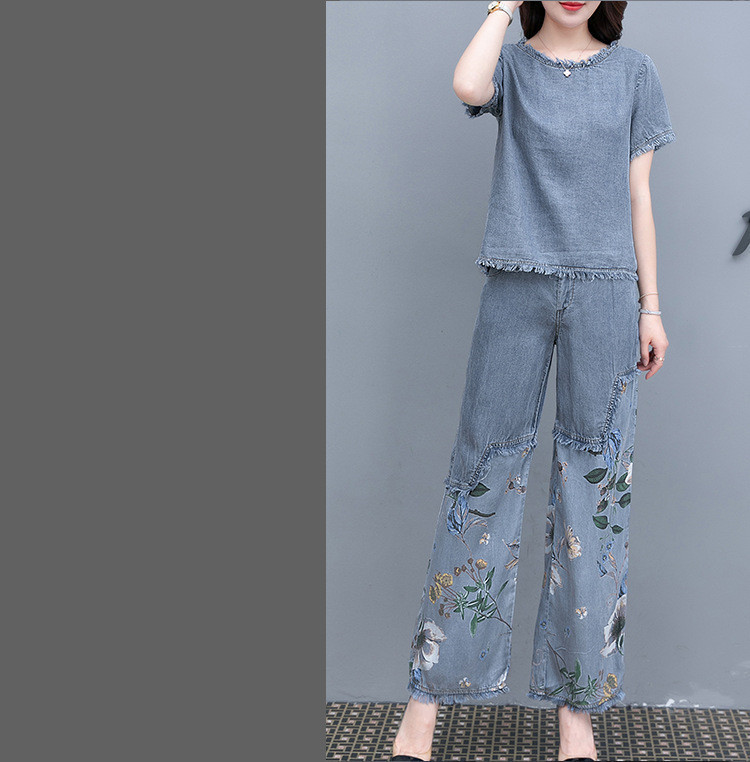  バギーパンツ 夏の花柄プリントデニム上下セット ゆったりバギーパンツ