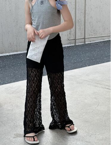  バギーパンツ キッズレースワイドパンツ 女の子用透かし編みズボン