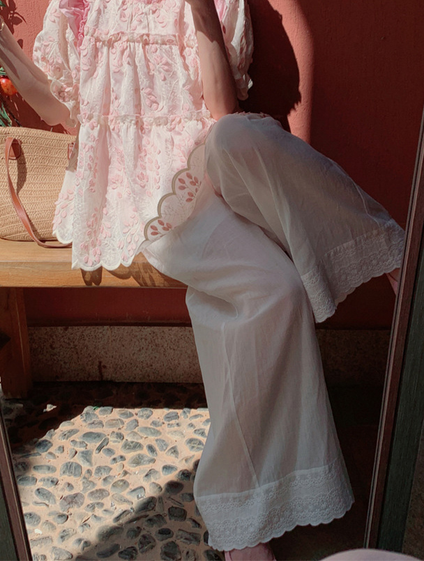  バギーパンツ 綿混レース裾ワイドパンツ ゴムウエスト ロング丈 重ね着対応