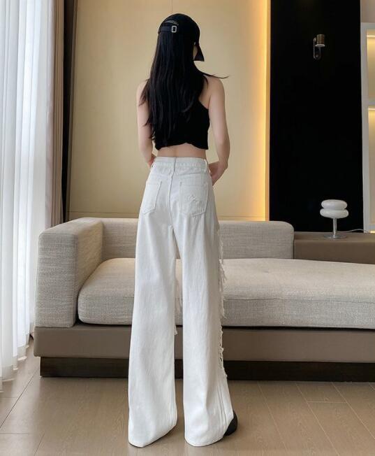  バギーパンツ レース切り替えダメージデニム ワイドバギーパンツ