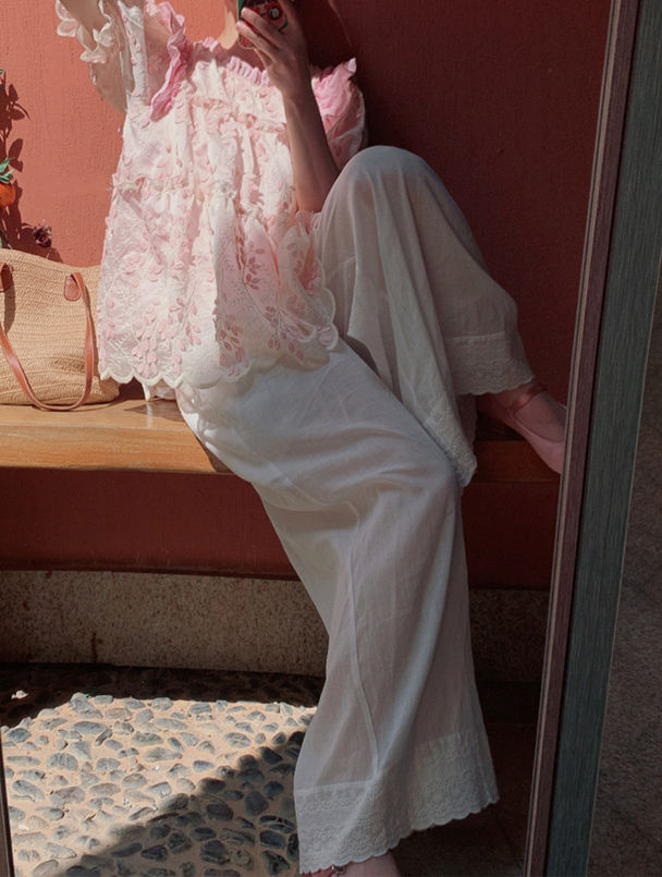  バギーパンツ 綿混レース裾ワイドパンツ ゴムウエスト ロング丈 重ね着対応