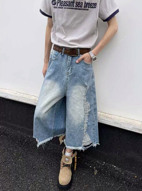  バギーパンツ メンズ デニム ダメージ加工 ワイドハーフパンツ