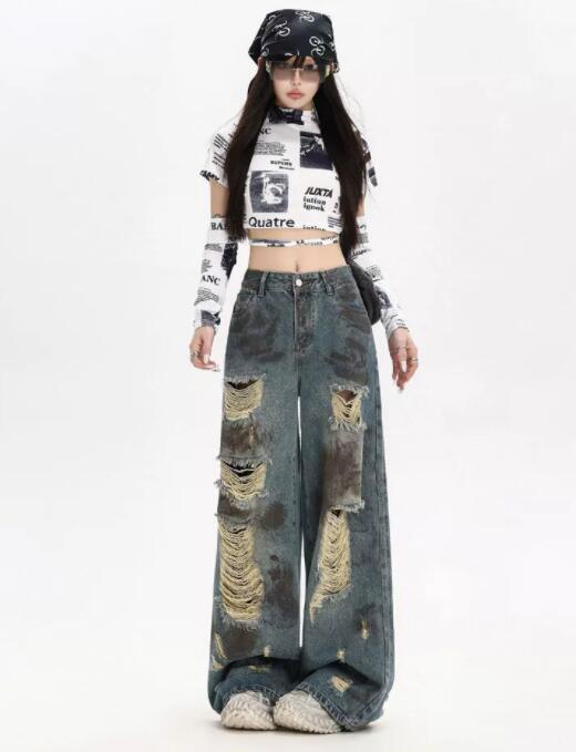  バギーパンツ レディース ダメージ加工 デニム ワイドパンツ