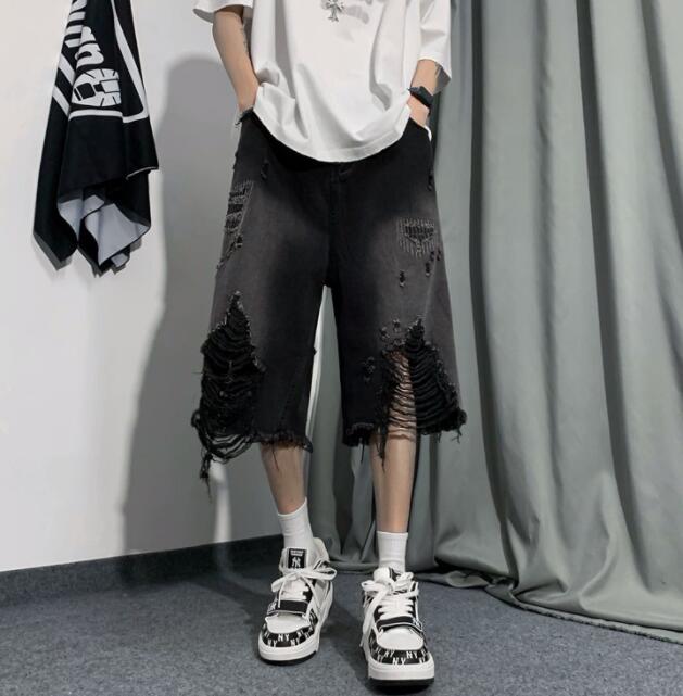  バギーパンツ メンズ デニム ハーフパンツ ダメージ加工 破れ膝