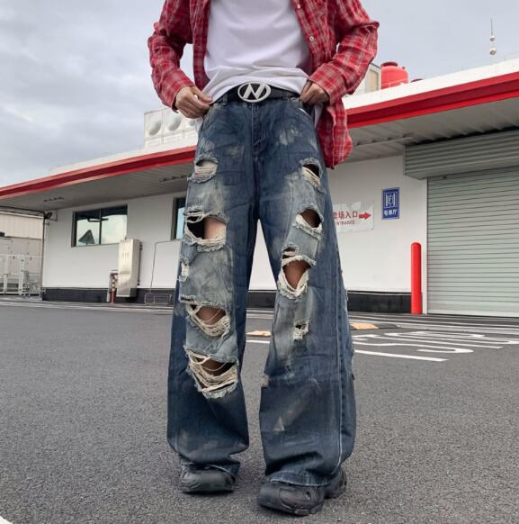 メンズ デニム バギーパンツ ダメージ加工 ワイド