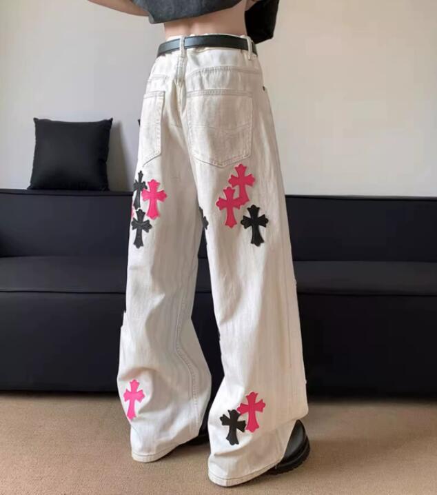  バギーパンツ 十字架柄デニムワイドパンツ 男性用ゆったりジーンズ