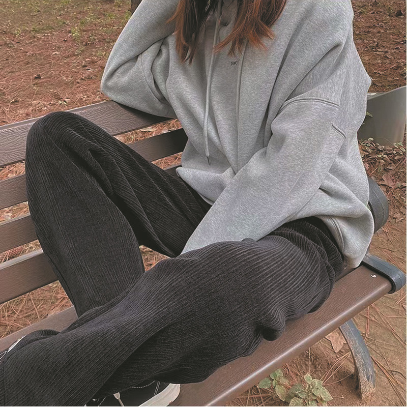  バギーパンツ コーデュロイ縦リブワイドパンツ女性用ゆったりウエストゴム
