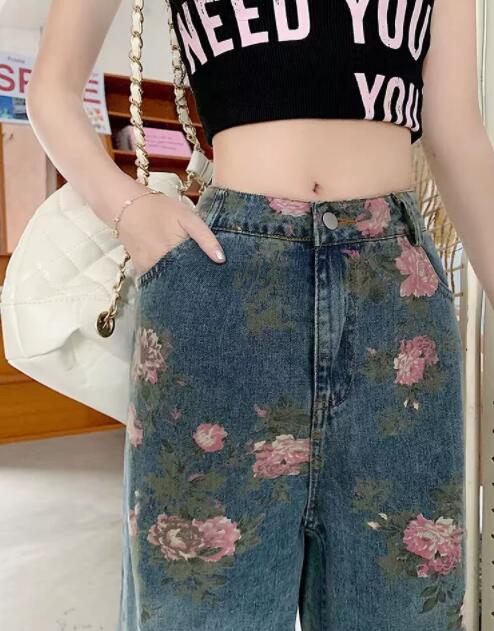  バギーパンツ 花柄プリントデニムワイドバギーパンツ