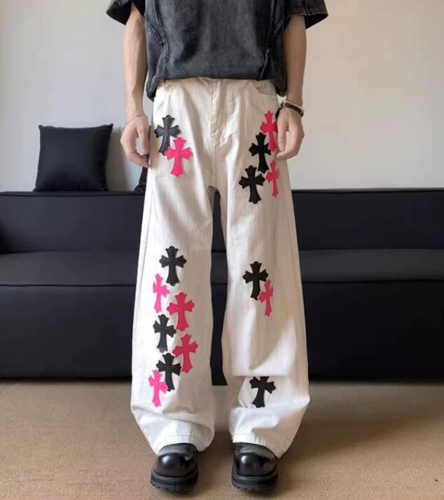  バギーパンツ 十字架柄デニムワイドパンツ 男性用ゆったりジーンズ