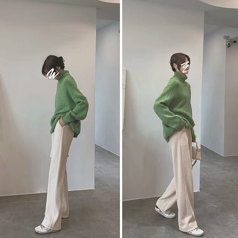  バギーパンツ コーデュロイ縦リブワイドパンツ女性用ゆったりウエストゴム