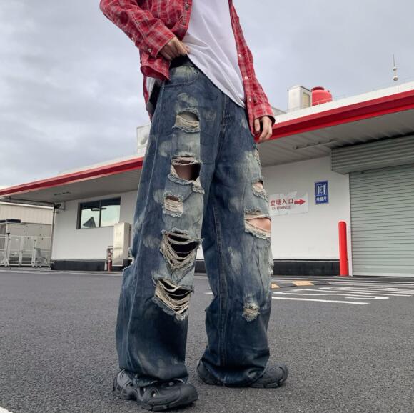 メンズ デニム バギーパンツ ダメージ加工 ワイド