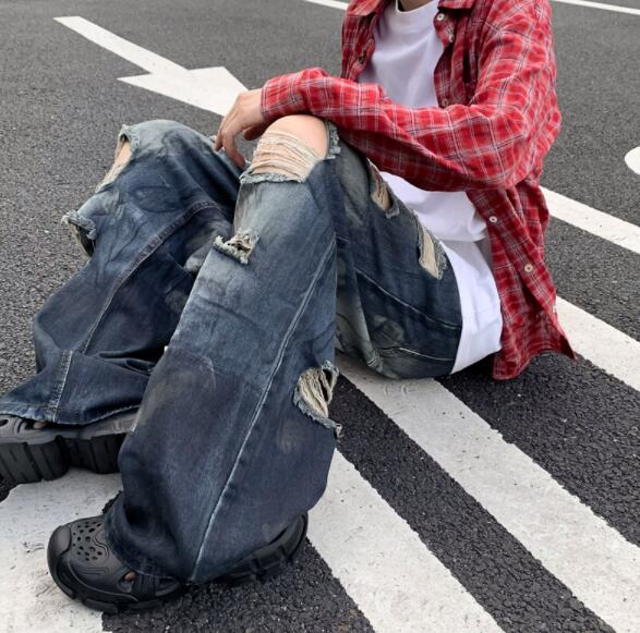 メンズ デニム バギーパンツ ダメージ加工 ワイド